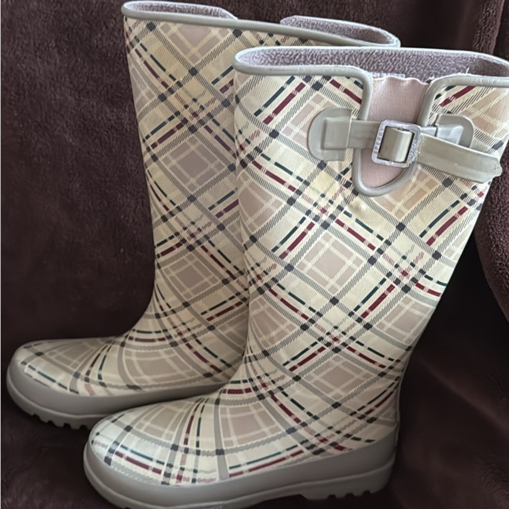 Sperry Beige Plaid Knee-High Rain Boots